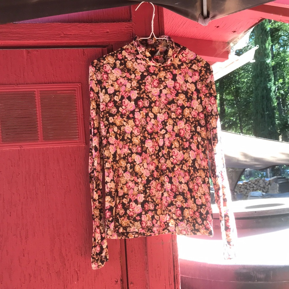 H&M Black Floral Mock Neck Long Sleeve Top with Pink and Yellow Roses